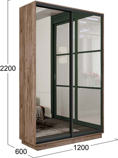 Изображение товара Шкаф-купе ТриЯ Румер-2 СШК 3.120.60-13.13(Н) 2-х дверный (дуб крафт табачный/зеркало/зеркало/черный профиль)