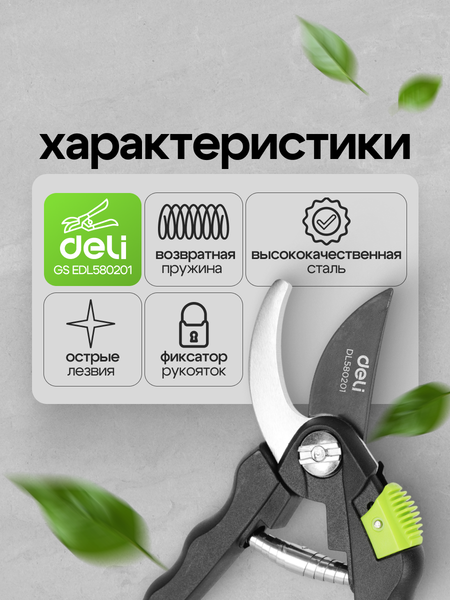 Изображение товара Секатор механический Deli EDL580201 (черный/зеленый)