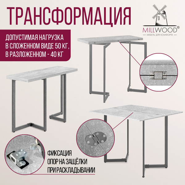 Изображение товара Обеденный стол Millwood Арлен 3 38-76x147x76 (бетон/графит)