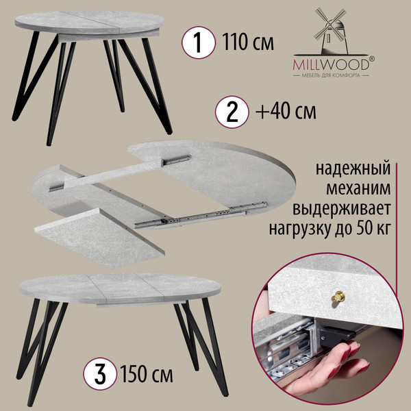 Изображение товара Обеденный стол Millwood Женева 3 раздвижной D110-150x110х76 (бетон/металл черный)