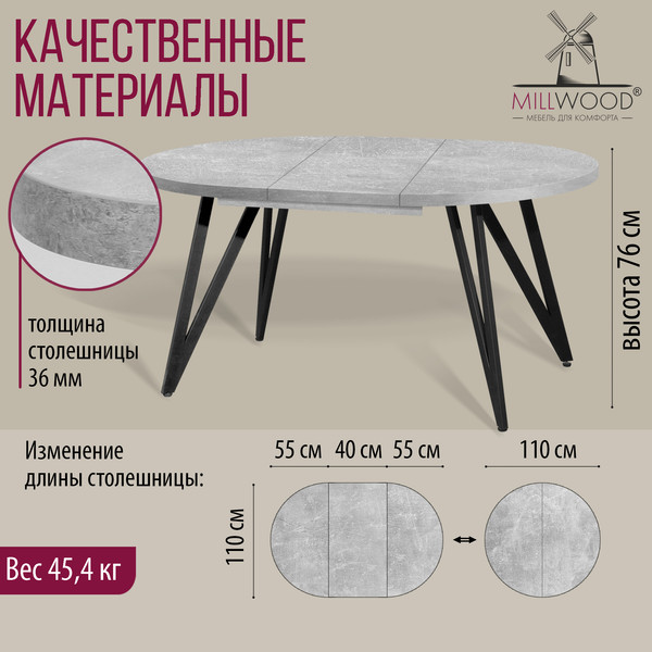Изображение товара Обеденный стол Millwood Женева 3 раздвижной D110-150x110х76 (бетон/металл черный)