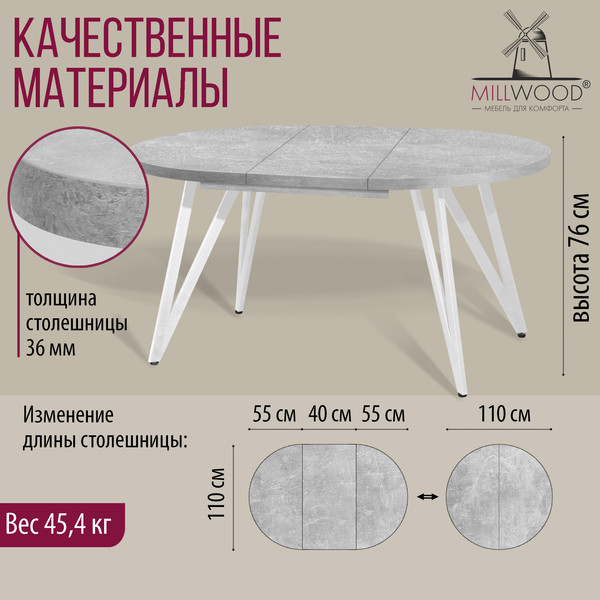 Изображение товара Обеденный стол Millwood Женева 3 раздвижной D110-150x110х76 (бетон/металл белый)