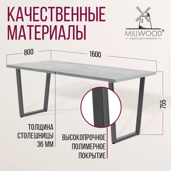 Изображение товара Обеденный стол Millwood Лофт Уэльс Л 160x80х75 (бетон/графит)