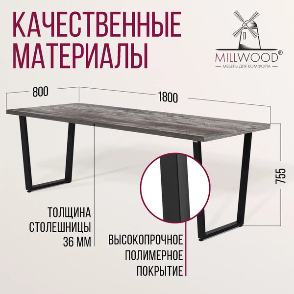 Изображение товара Обеденный стол Millwood Уэльс 180x80х75 (сосна пасадена/металл черный)