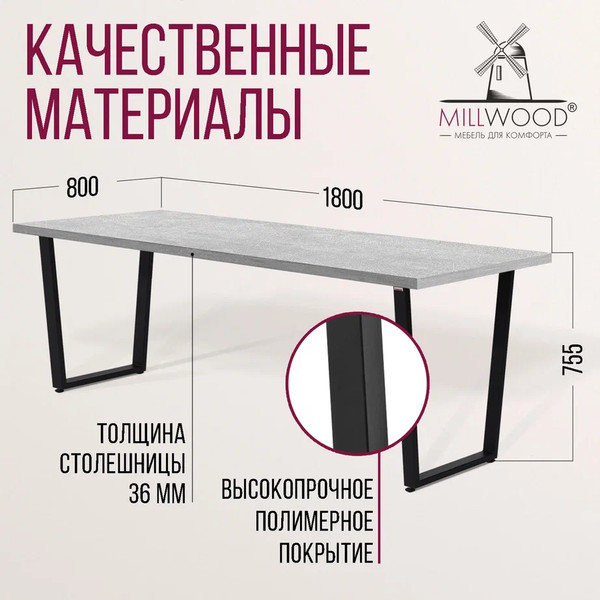 Изображение товара Обеденный стол Millwood Уэльс 180x80х75 (бетон/металл черный)