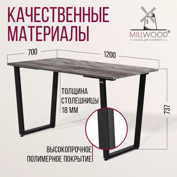 Изображение товара Обеденный стол Millwood Уэльс Л18 120x70х75 (сосна пасадена/металл черный)