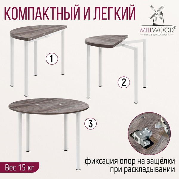 Изображение товара Обеденный стол Millwood Далис 1 D50-100x100x76 (сосна пасадена/металл белый)
