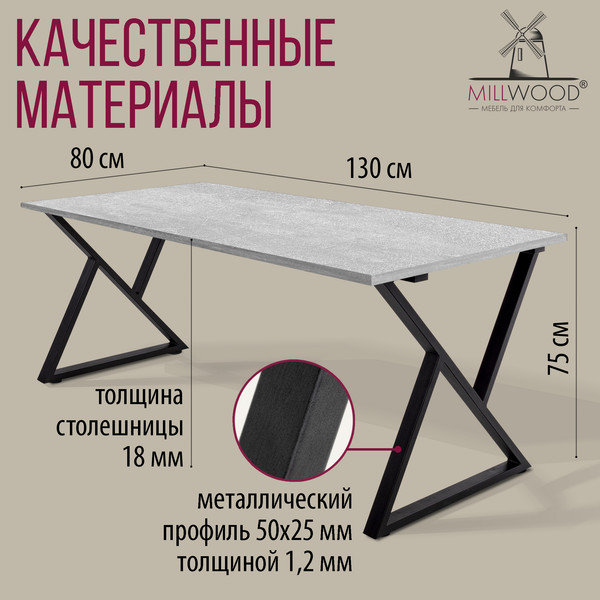 Изображение товара Обеденный стол Millwood Дели Л18 130x80х75 (бетон/металл черный)