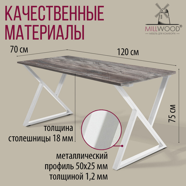 Изображение товара Обеденный стол Millwood Дели Л18 120x70х75 (сосна пасадена/металл белый)
