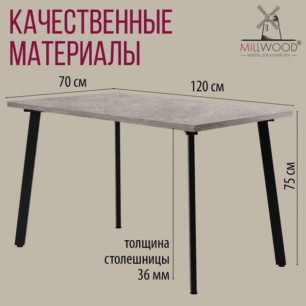 Изображение товара Обеденный стол Millwood Шанхай 120x70х75 (бетон/металл черный)