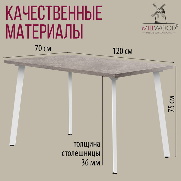 Изображение товара Обеденный стол Millwood Шанхай 120x70х75 (бетон/металл белый)