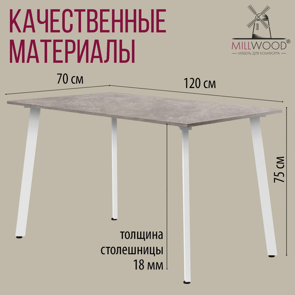 Изображение товара Обеденный стол Millwood Шанхай Л18 120x70х75 (бетон/металл белый)