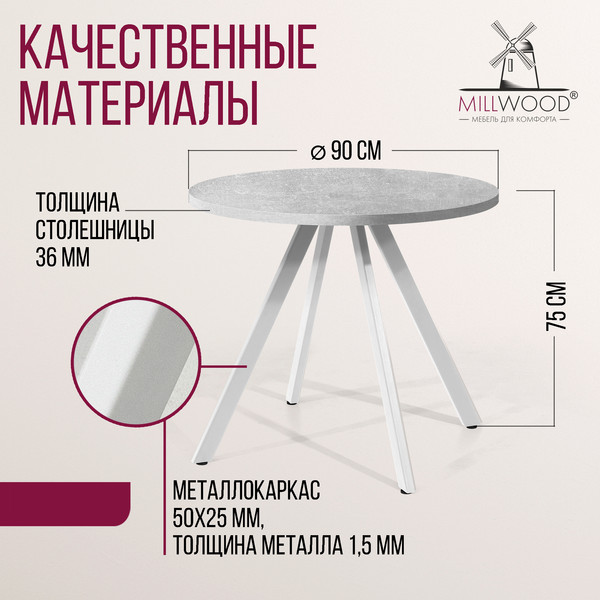 Изображение товара Обеденный стол Millwood Олесунн D90x90x75 (бетон/металл белый)