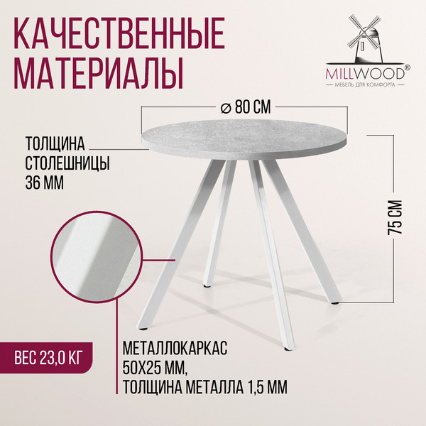 Изображение товара Обеденный стол Millwood Олесунн D80x80x75 (бетон/металл белый)
