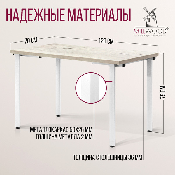 Изображение товара Обеденный стол Millwood Лофт Прага Л 120x70x75 (дуб белый Craft/металл белый)