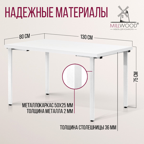 Изображение товара Обеденный стол Millwood Лофт Прага Л 130x80x75 (белый/металл белый)