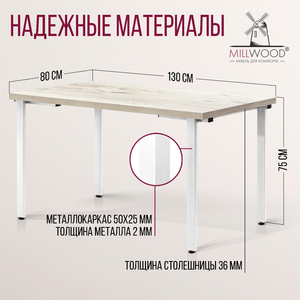 Изображение товара Обеденный стол Millwood Лофт Прага Л 130x80x75 (дуб белый Craft/металл белый)