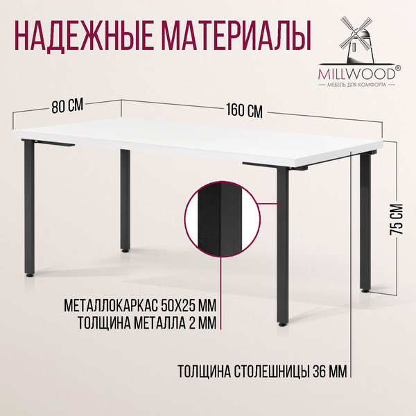 Изображение товара Обеденный стол Millwood Лофт Прага Л 160x80x75 (белый/металл черный)