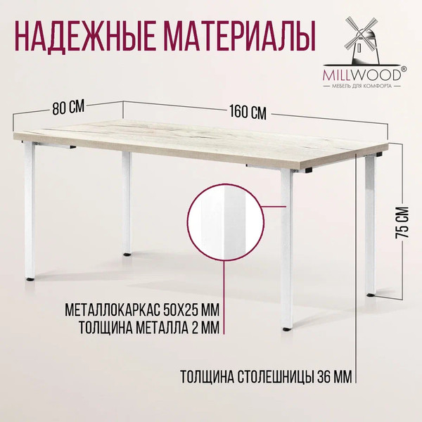Изображение товара Обеденный стол Millwood Лофт Прага Л 160x80x75 (дуб белый Craft/металл белый)