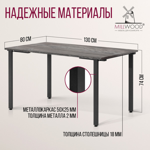 Изображение товара Обеденный стол Millwood Прага Л18 130x80x75 (сосна пасадена/металл черный)