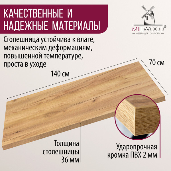 Изображение товара Столешница для стола Millwood 140x70x3.6 (дуб золотой Craft)