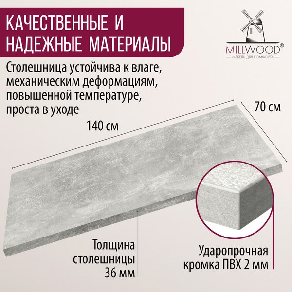 Изображение товара Столешница для стола Millwood 140x70x3.6 (бетон)