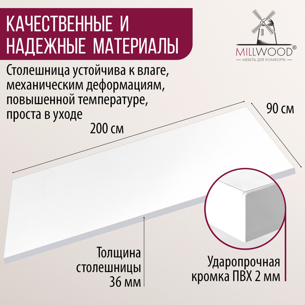 Изображение товара Столешница для стола Millwood 200x90x3.6 (белый)