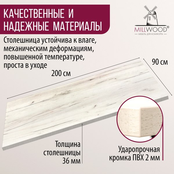 Изображение товара Столешница для стола Millwood 200x90x3.6 (дуб белый Craft)