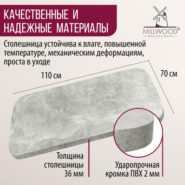 Изображение товара Столешница для стола Millwood Закругленная 110x70x3.6 (бетон)