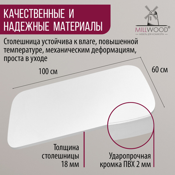 Изображение товара Столешница для стола Millwood Закругленная 100x60x1.8 (белый)