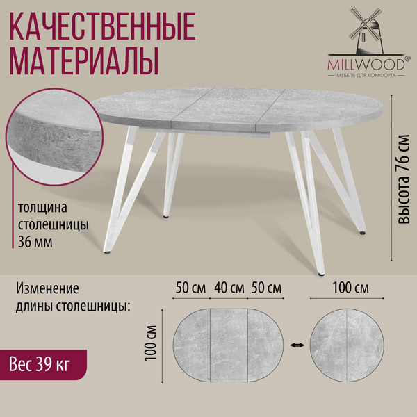 Изображение товара Обеденный стол Millwood Женева 3 раздвижной D100-140x100х76 (бетон/металл белый)