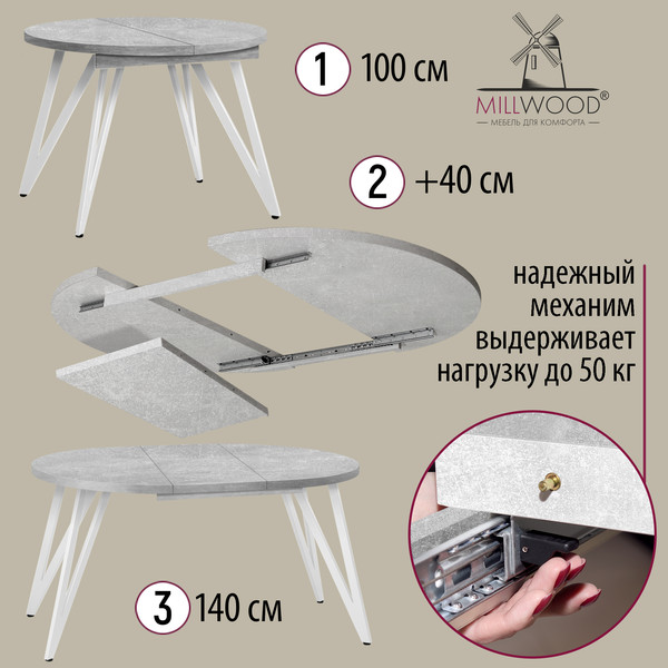 Изображение товара Обеденный стол Millwood Женева 3 раздвижной D100-140x100х76 (бетон/металл белый)