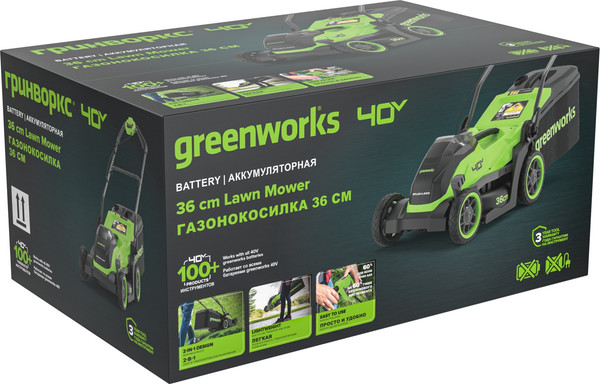 Изображение товара Газонокосилка аккумуляторная Greenworks GD40LM361 бесщеточная 40V 36см / 2520807 (без АКБ и ЗУ)