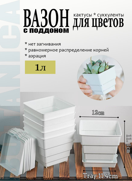 Изображение товара Вазон BOTANICA Air для кактусов и суккулентов (12x11см, с поддоном, белый)