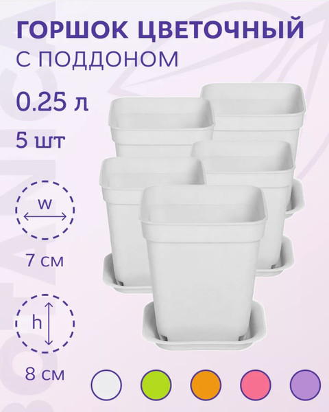 Изображение товара Набор горшков для рассады BOTANICA квадрат мягкий 7x7x8см (5шт, белый, с поддоном)