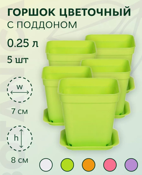 Изображение товара Набор горшков для рассады BOTANICA квадрат мягкий 7x7x8см (5шт, зеленый, с поддоном)