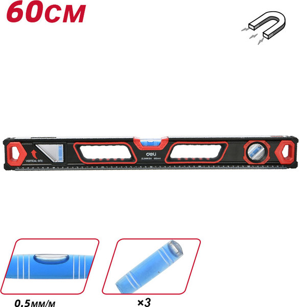 Изображение товара Уровень строительный Deli Пузырьковый / EDL290600K (600мм)