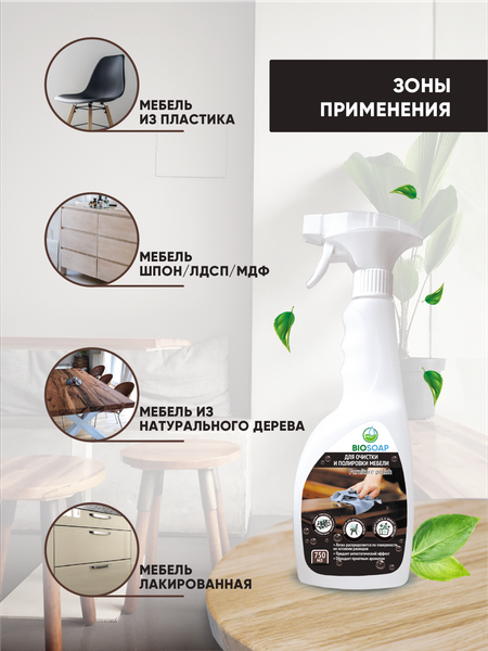 Изображение товара Очиститель для мебели BIOSOAP Furniture polish Для очистки и полировки мебели (750мл)