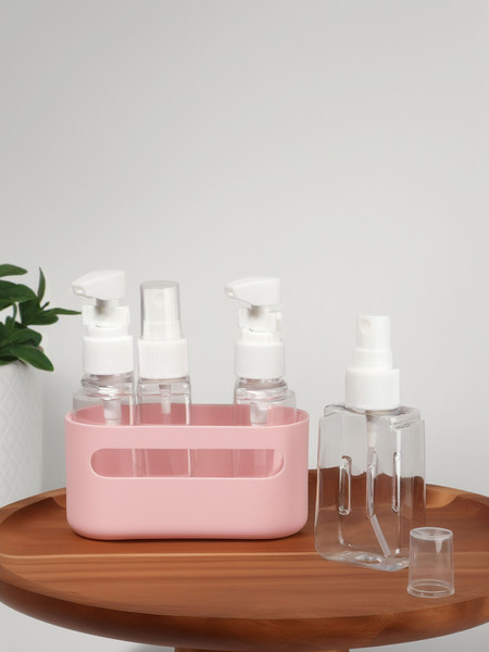 Изображение товара Набор флаконов для косметики Onlytop В контейнере / 10795373 (4шт, розовый/белый)