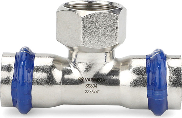 Изображение товара Тройник Varmega Inox Press раструбный с внутр. резьбой 22х1/2"х22 / VM720220422