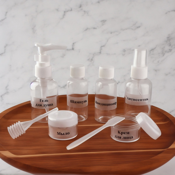 Изображение товара Набор флаконов для косметики Onlytop В чехле с наклейками / 10083431 (8шт, прозрачный/белый)