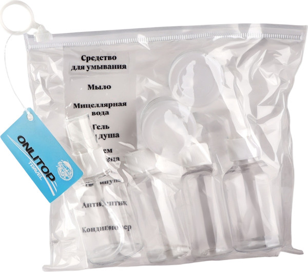 Изображение товара Набор флаконов для косметики Onlytop В чехле с наклейками / 10083431 (8шт, прозрачный/белый)