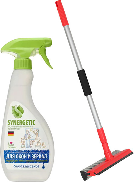 Изображение товара Средство для мытья стекол Synergetic Биоразлагаемое (500мл, со шваброй для мытья окон)