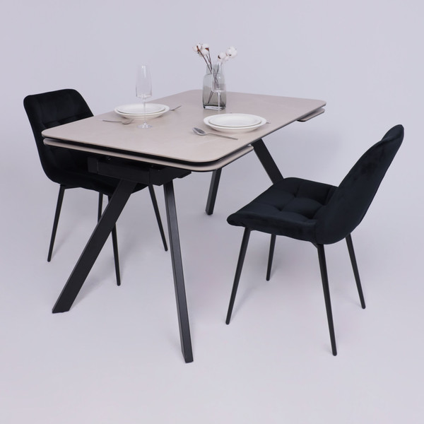 Изображение товара Обеденный стол Аврора Леон 1200-1840x800 (камень слоновая кость Bayona Ivory/черный матовый)