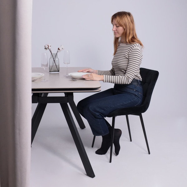 Изображение товара Обеденный стол Аврора Леон 1200-1840x800 (камень слоновая кость Bayona Ivory/черный матовый)