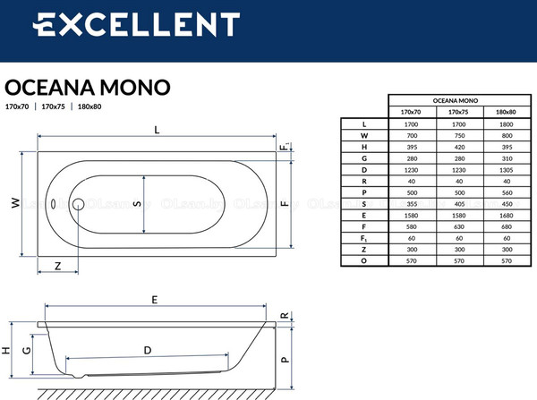 Изображение товара Ванна акриловая Excellent Oceana Mono 180x80