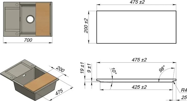 Изображение товара Разделочная доска на мойку GRANULA 475x200x18 (ясень)