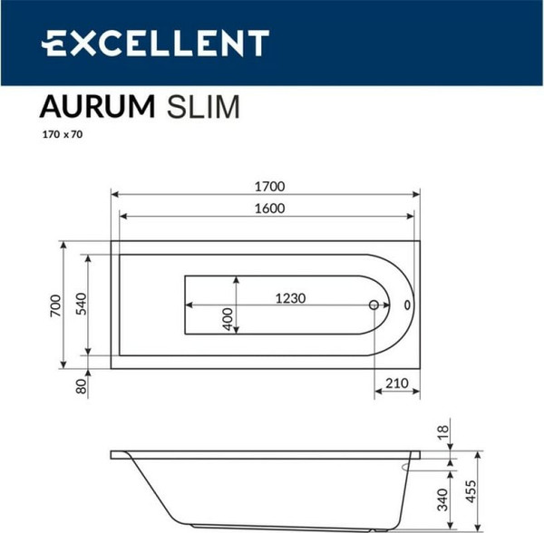 Изображение товара Ванна акриловая Excellent Aurum Slim 170x70 (с ножками)