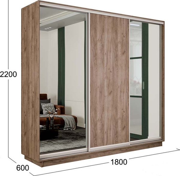 Изображение товара Шкаф-купе ТриЯ Румер-2 СШК 3.180.60-13.11.13 3-х дверный (дуб крафт табачный/зеркало/дуб крафт табачный/зеркало)