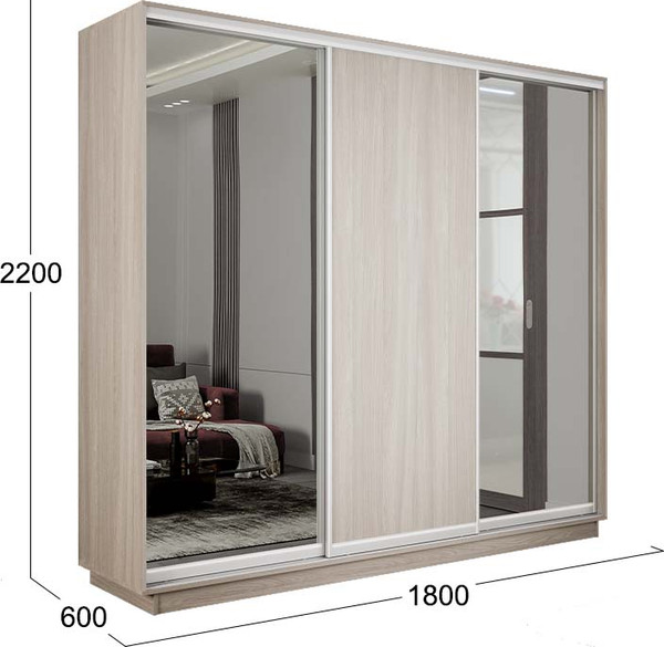 Изображение товара Шкаф-купе ТриЯ Румер-2 СШК 3.180.60-13.11.13 3-х дверный (ясень шимо светлый/зеркало/ясень шимо светлый/зеркало)